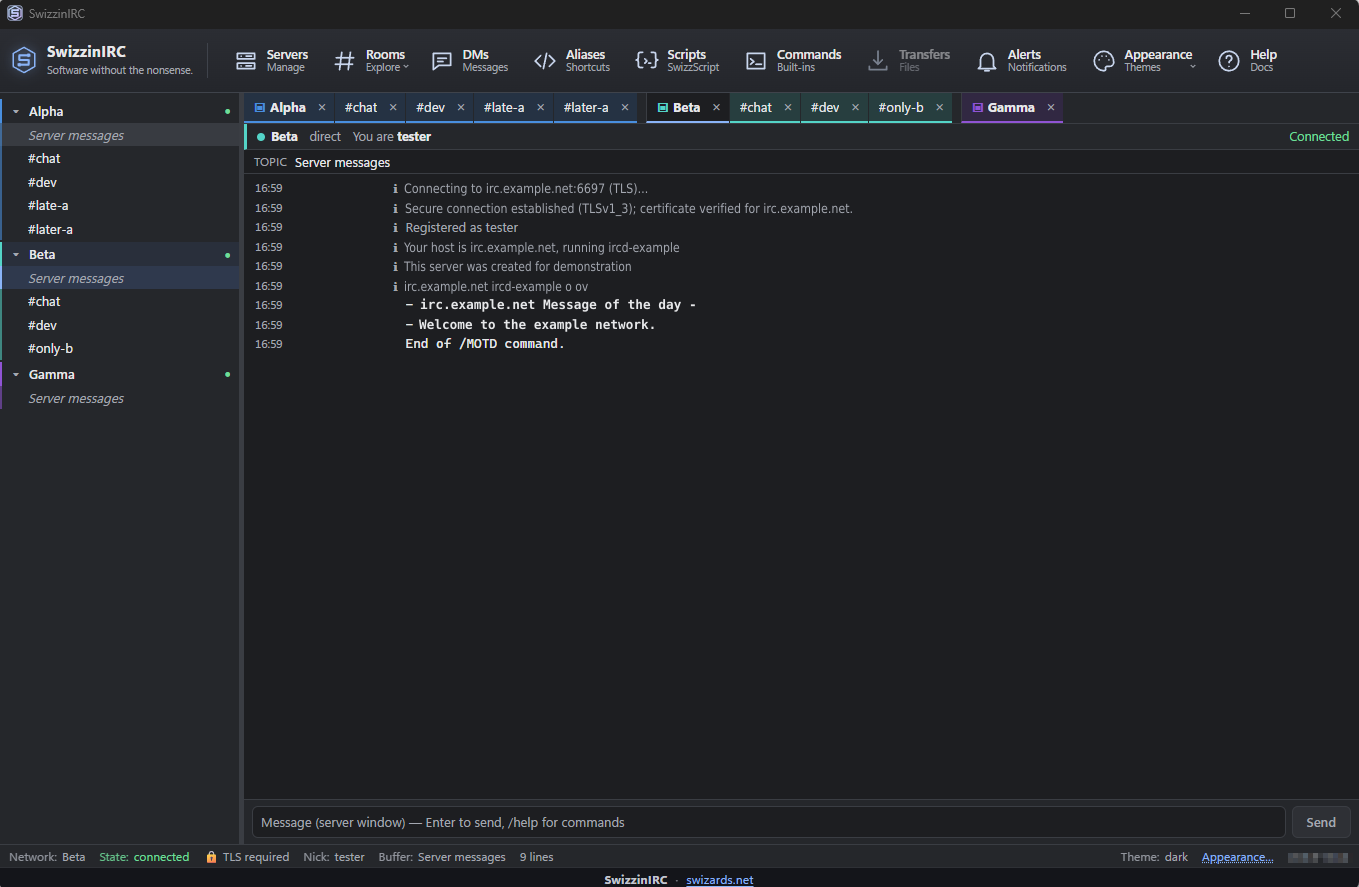 SwizzinIRC main window in the dark theme: a sidebar listing three connected networks with their channels, colour-coded tabs across the top, and a server log showing a verified TLS connection.